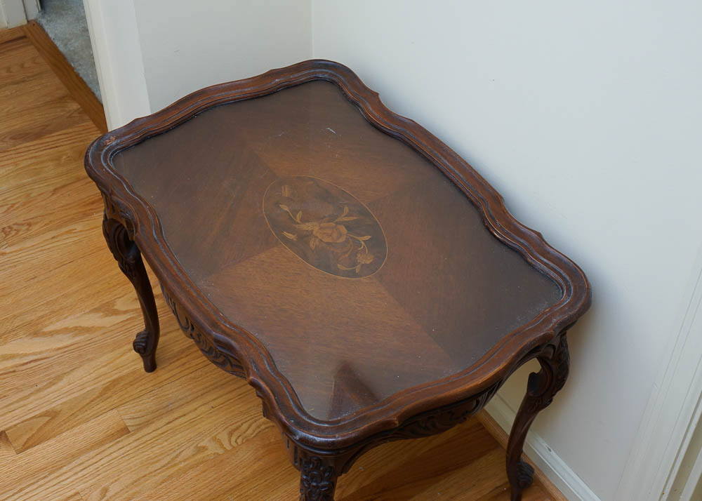 Glass Top Mahogany Accent Table with Intricate Inlays