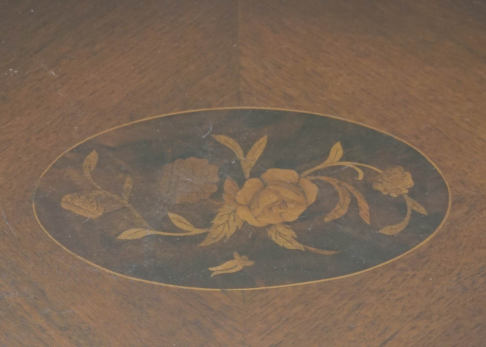 Glass Top Mahogany Accent Table with Intricate Inlays