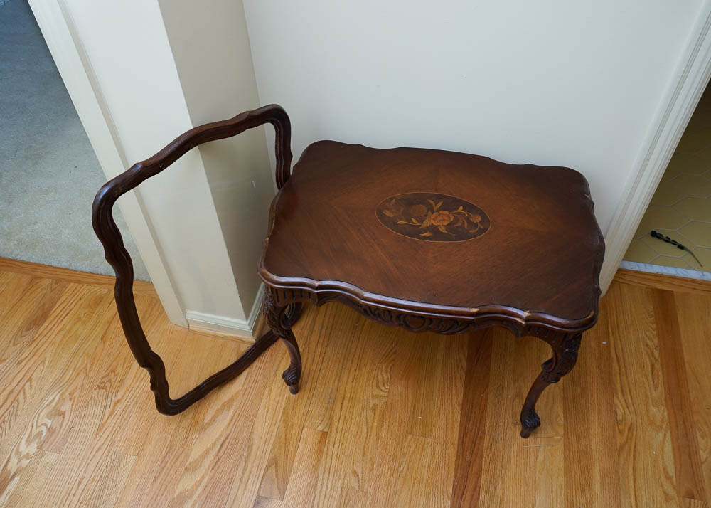 Glass Top Mahogany Accent Table with Intricate Inlays