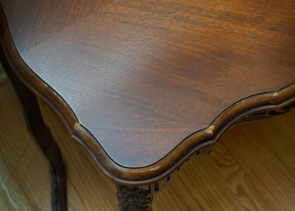 Glass Top Mahogany Accent Table with Intricate Inlays