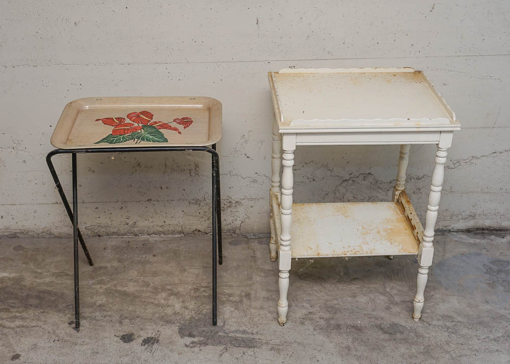 White Wooden End Table and Metal TV Tray