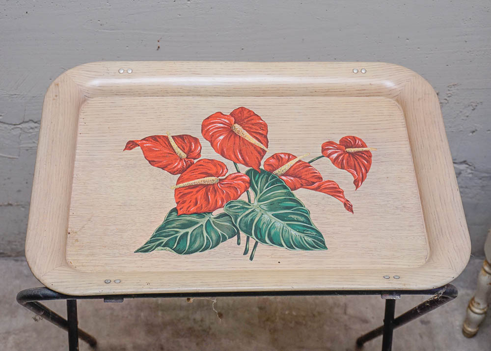 White Wooden End Table and Metal TV Tray