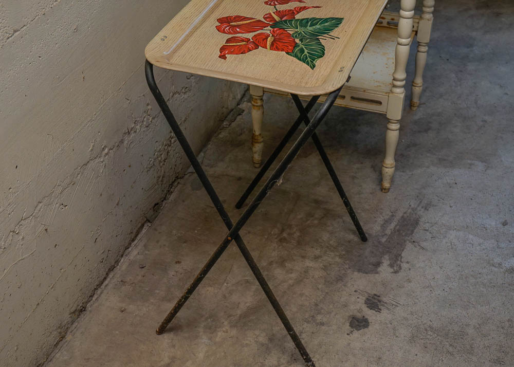 White Wooden End Table and Metal TV Tray