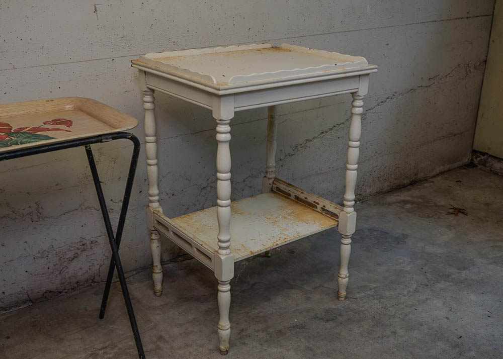 White Wooden End Table and Metal TV Tray