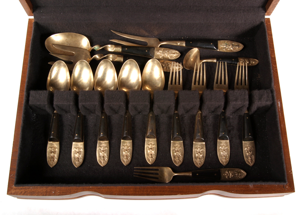 Vintage Siam Brass Flatware Collection with Teak Handles