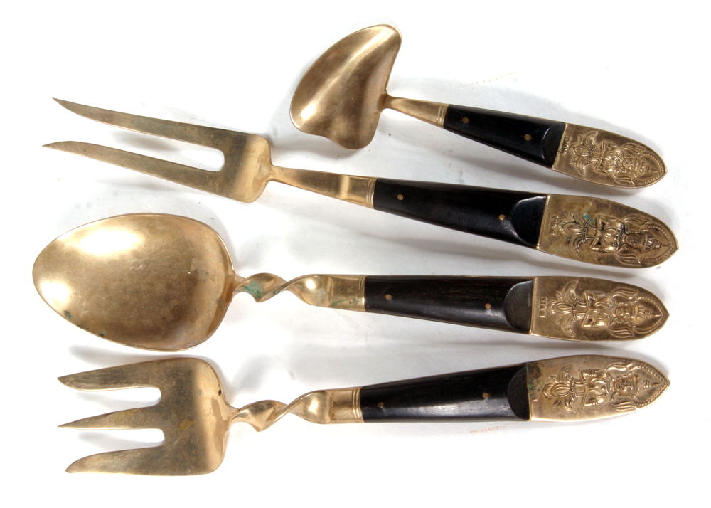 Vintage Siam Brass Flatware Collection with Teak Handles