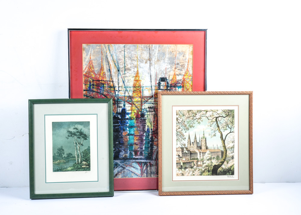 Trio of Framed Architectural and Landscape Themed Artworks