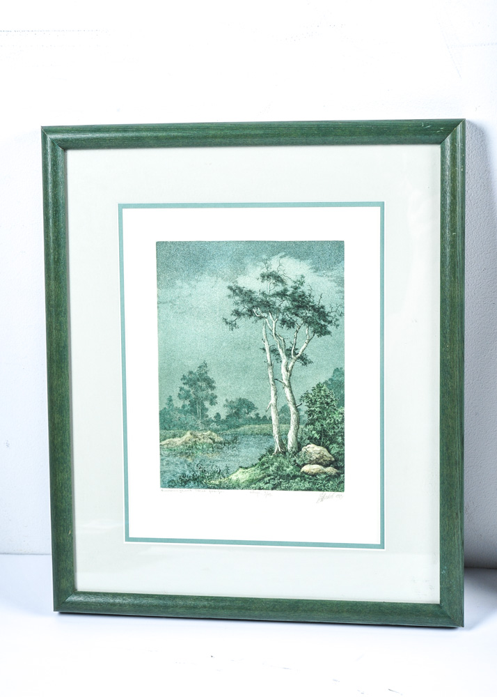 Trio of Framed Architectural and Landscape Themed Artworks