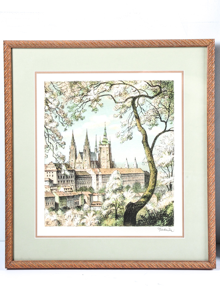 Trio of Framed Architectural and Landscape Themed Artworks