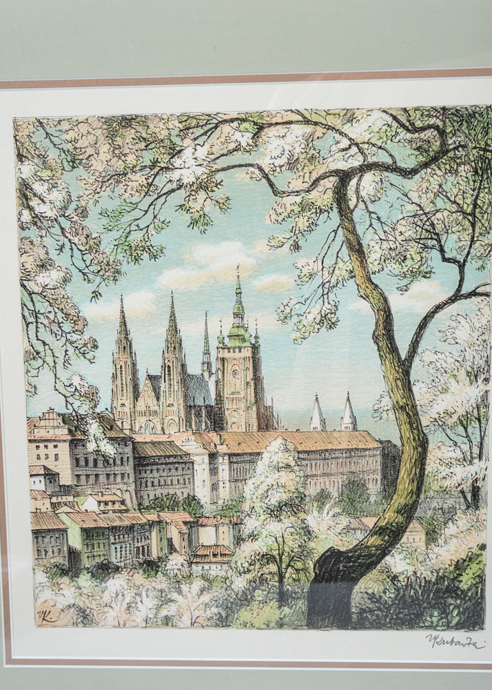 Trio of Framed Architectural and Landscape Themed Artworks