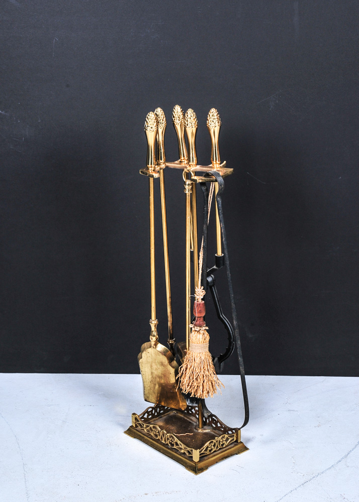 Brass Tone Fireplace Screen and Tools