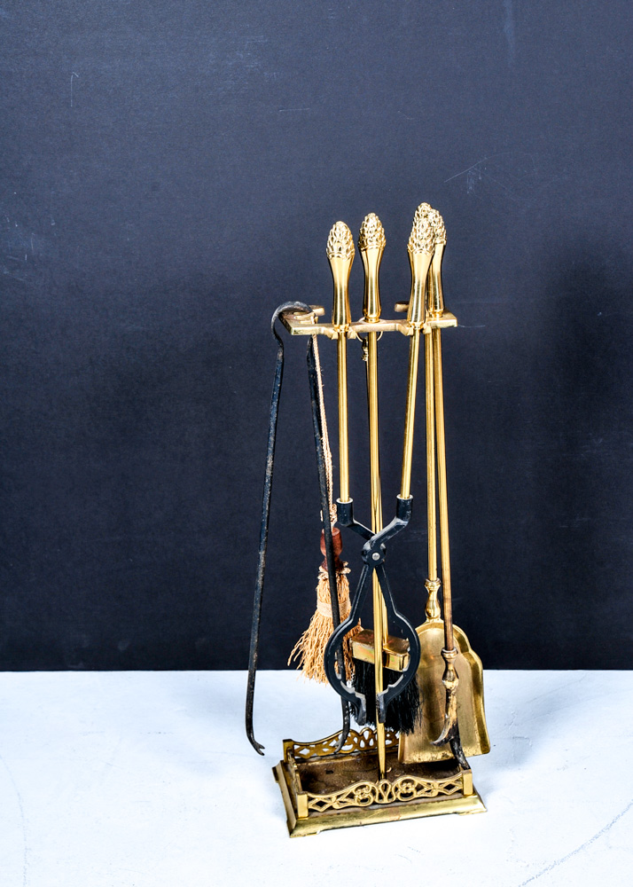 Brass Tone Fireplace Screen and Tools
