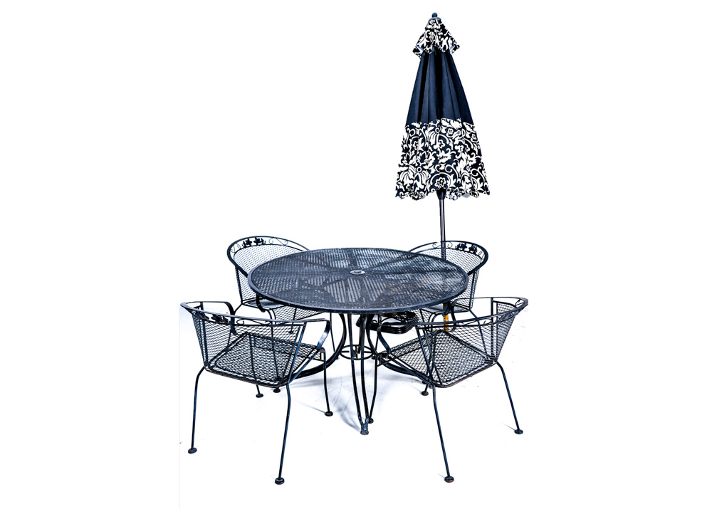 Mesh Metal Patio Table, Chairs, and Umbrella