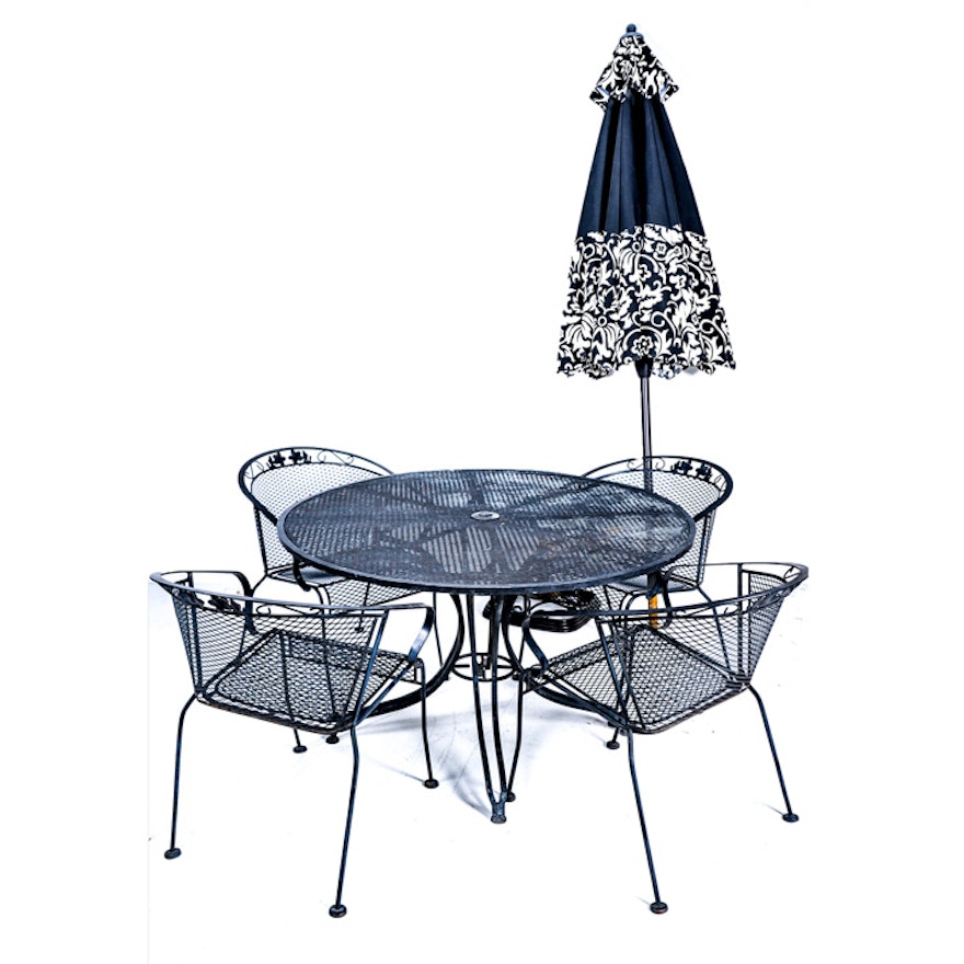Mesh Metal Patio Table, Chairs, and Umbrella
