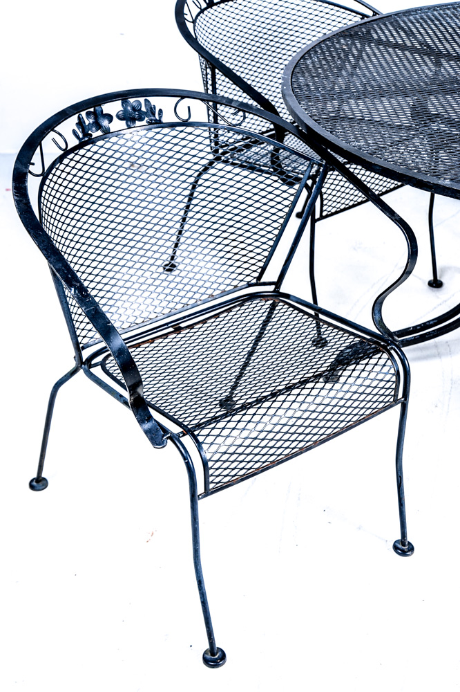 Mesh Metal Patio Table, Chairs, and Umbrella