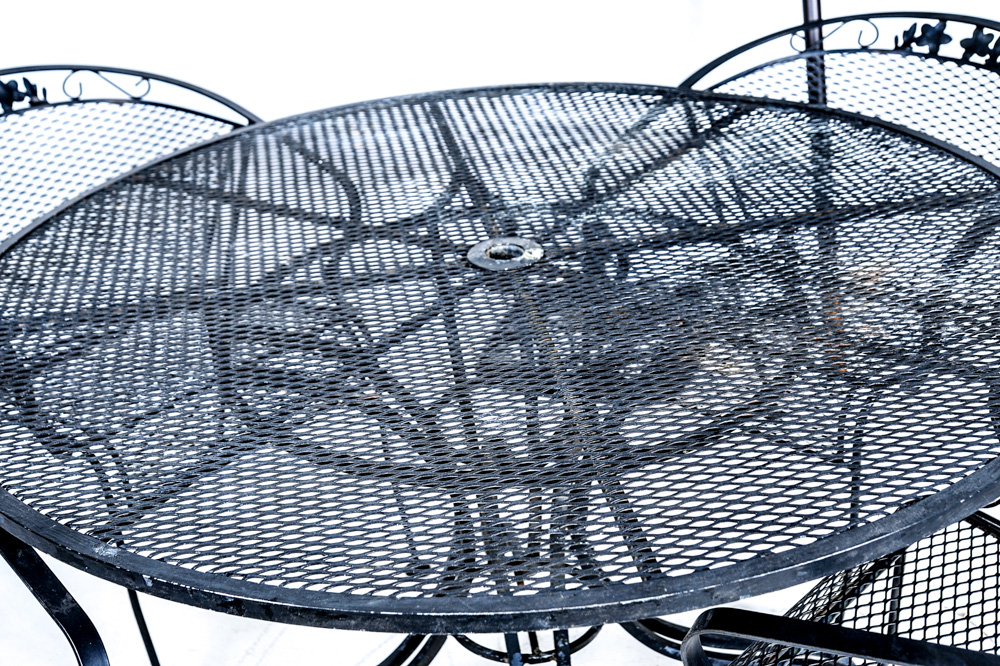 Mesh Metal Patio Table, Chairs, and Umbrella