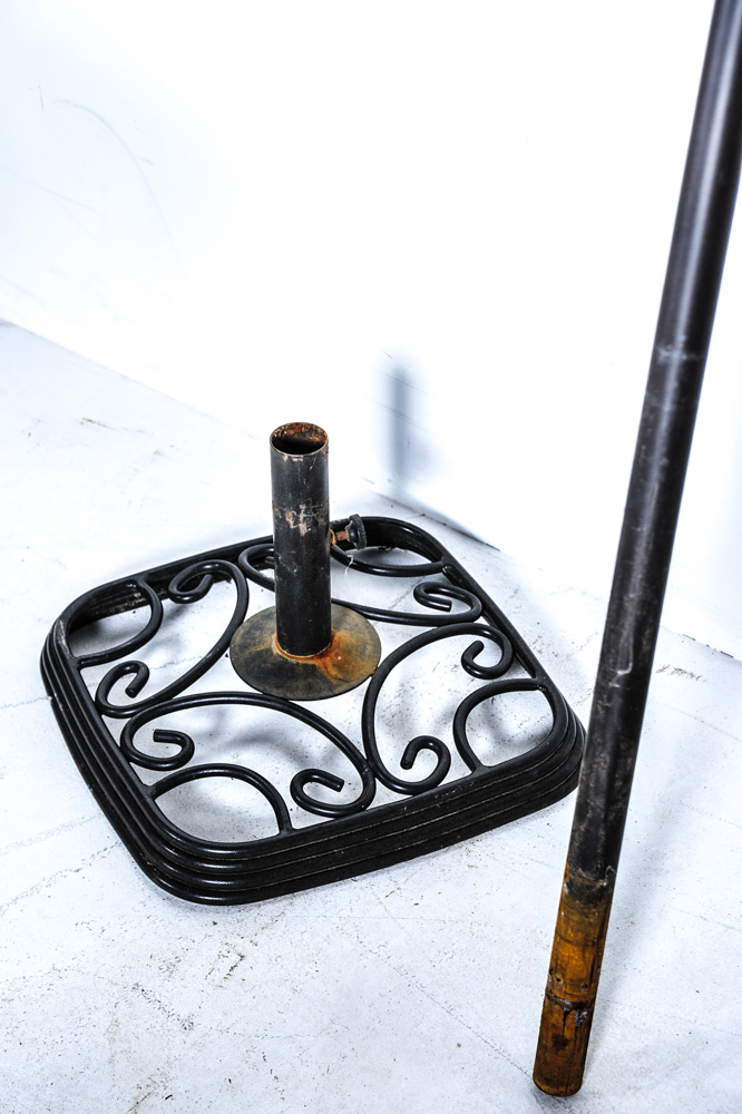 Mesh Metal Patio Table, Chairs, and Umbrella