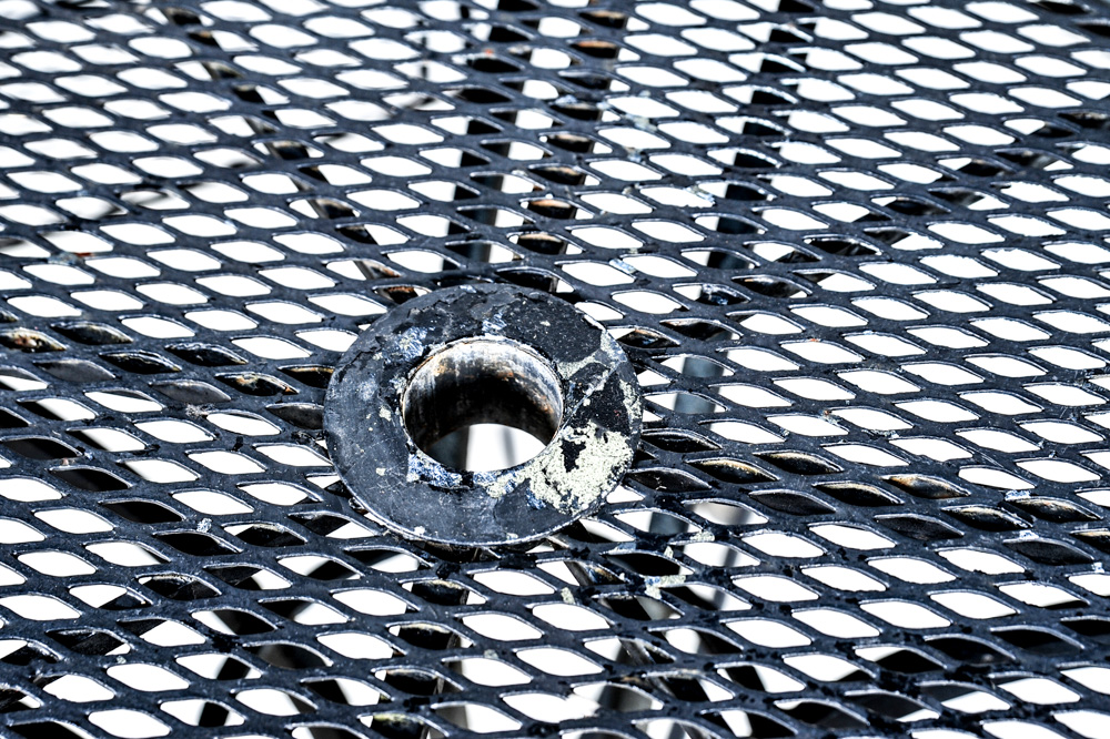 Mesh Metal Patio Table, Chairs, and Umbrella