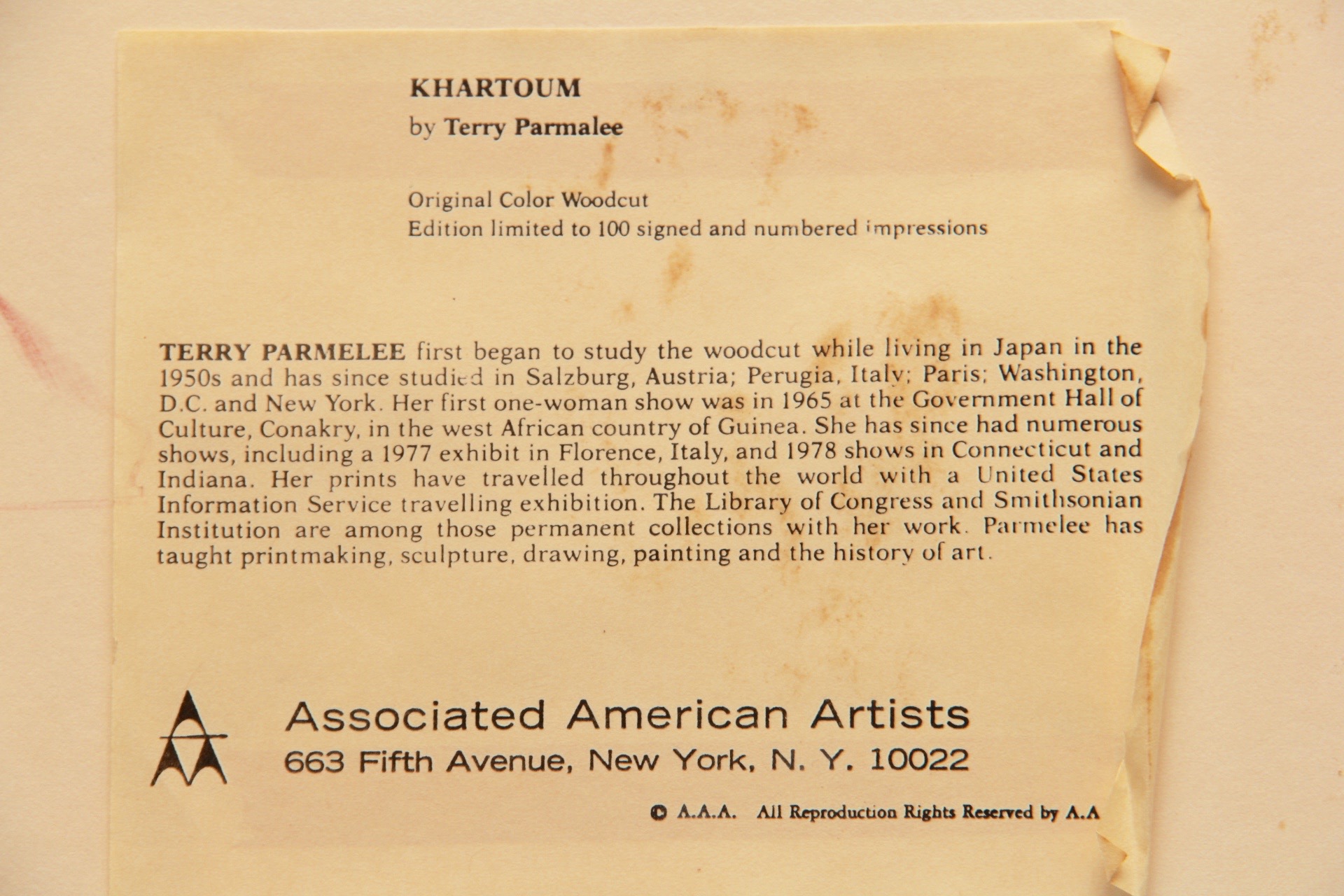 Limited Edition, 1977 Original Color Woodcut "Khartoum" by Terry Parmalee