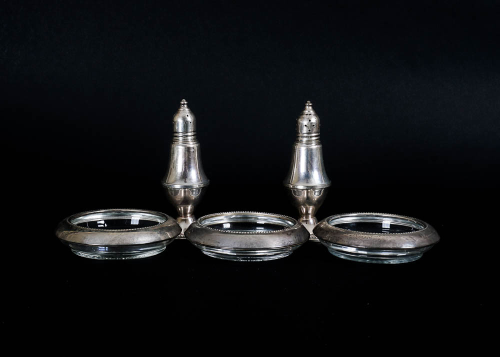 Sterling Rimmed Coasters and Salt and Pepper Shaker