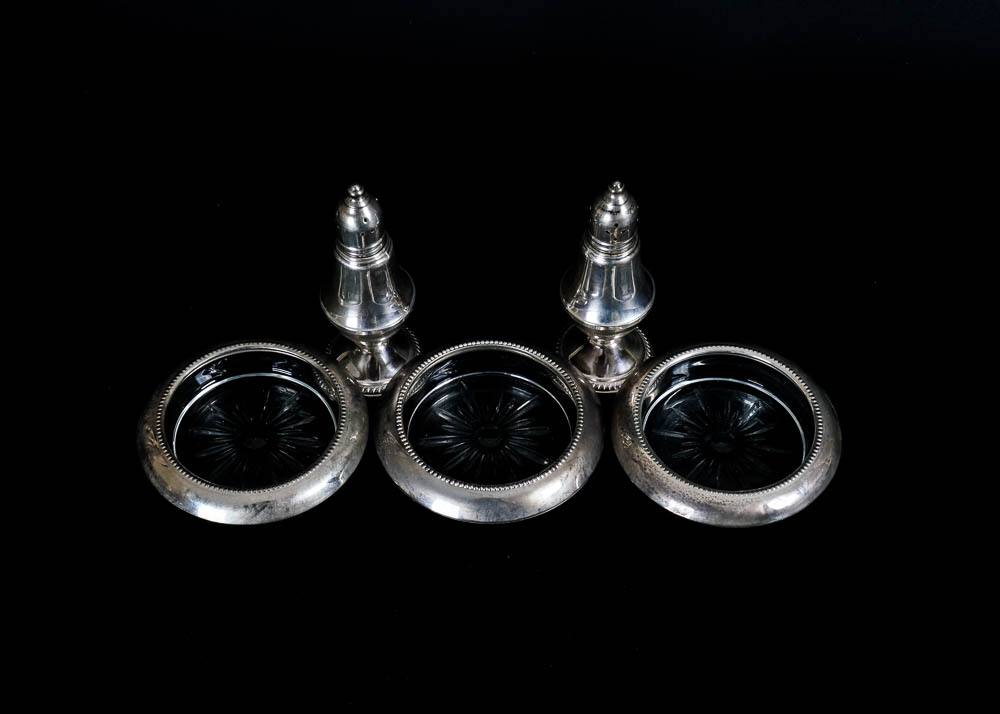 Sterling Rimmed Coasters and Salt and Pepper Shaker