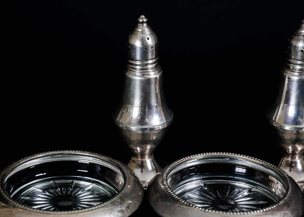 Sterling Rimmed Coasters and Salt and Pepper Shaker