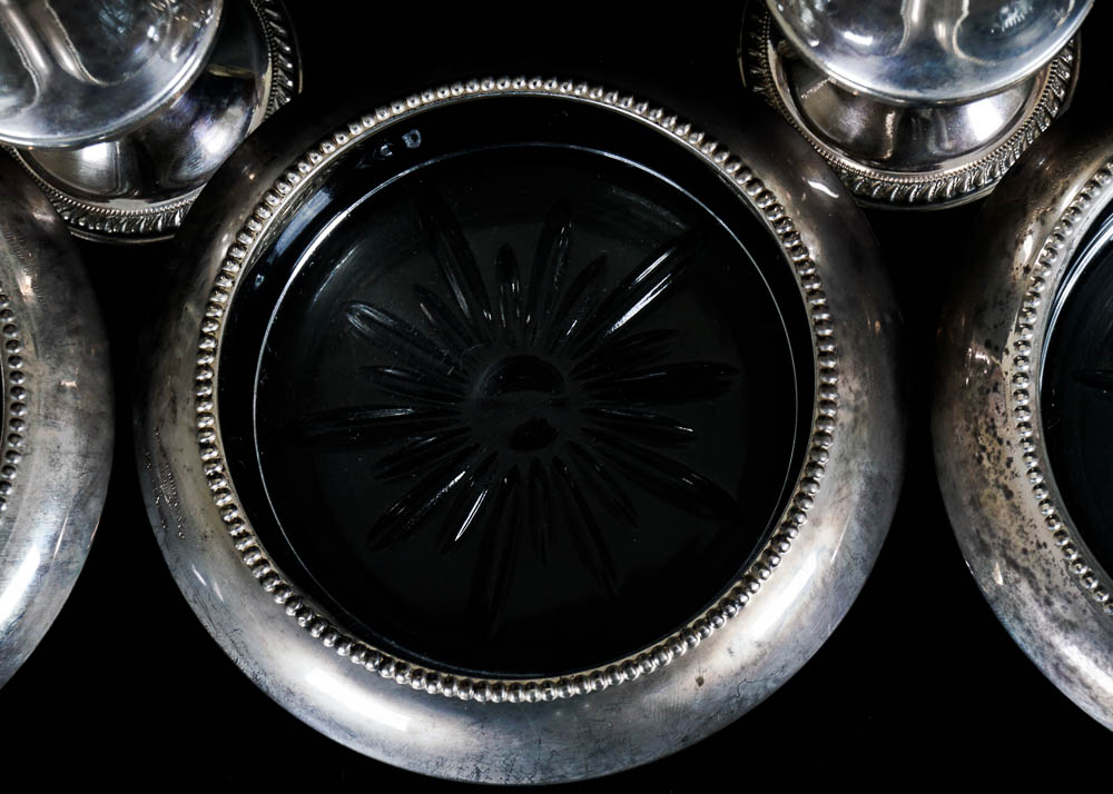 Sterling Rimmed Coasters and Salt and Pepper Shaker