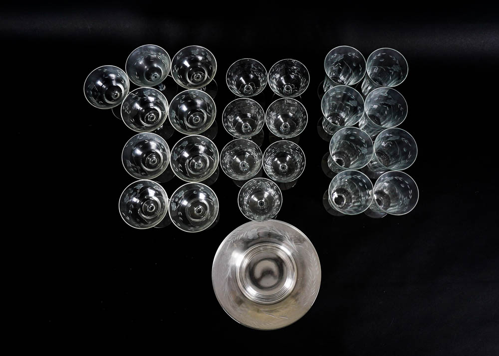 Floral Pattern Etched Glass Serving Set