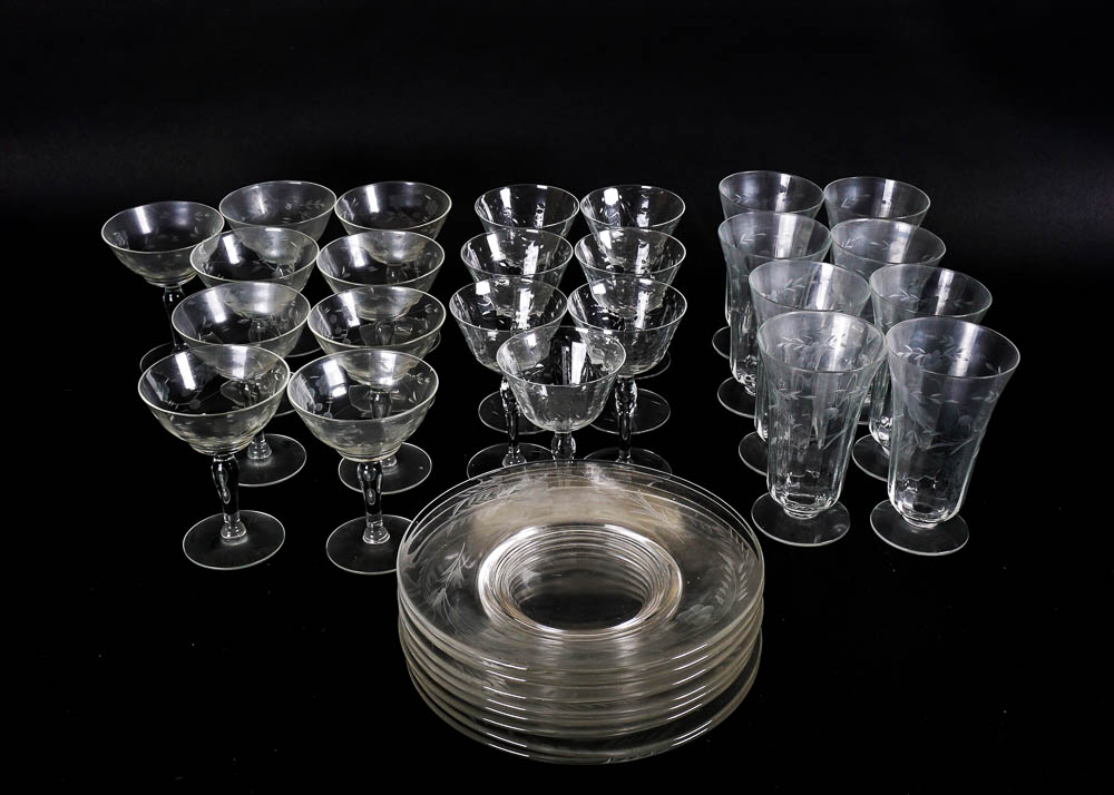 Floral Pattern Etched Glass Serving Set