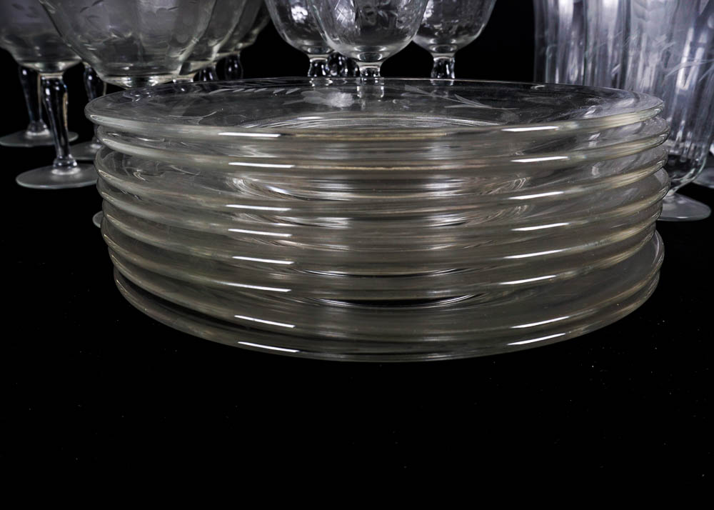 Floral Pattern Etched Glass Serving Set