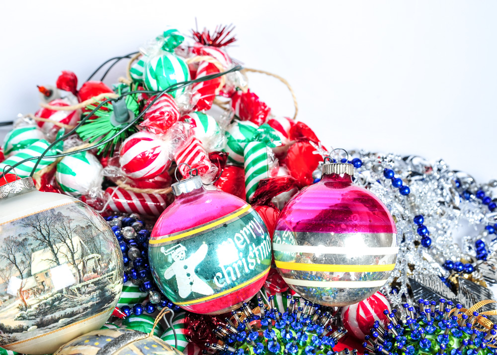 Collection of Vintage Christmas Ornaments and Decorations