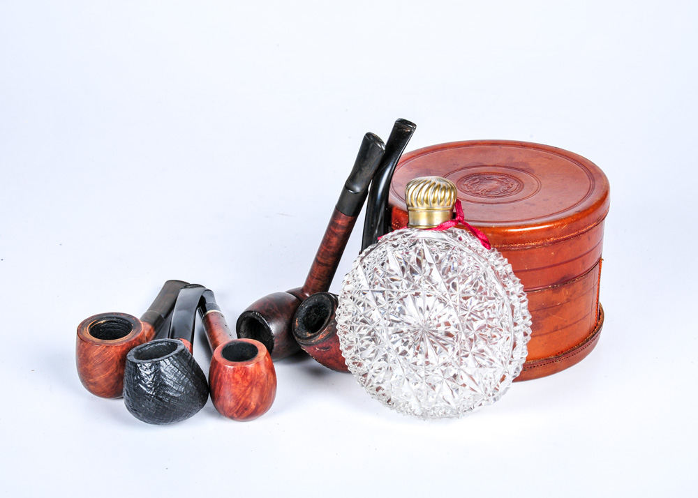 Vintage Pipes, Perfume Bottle, and Collar Box