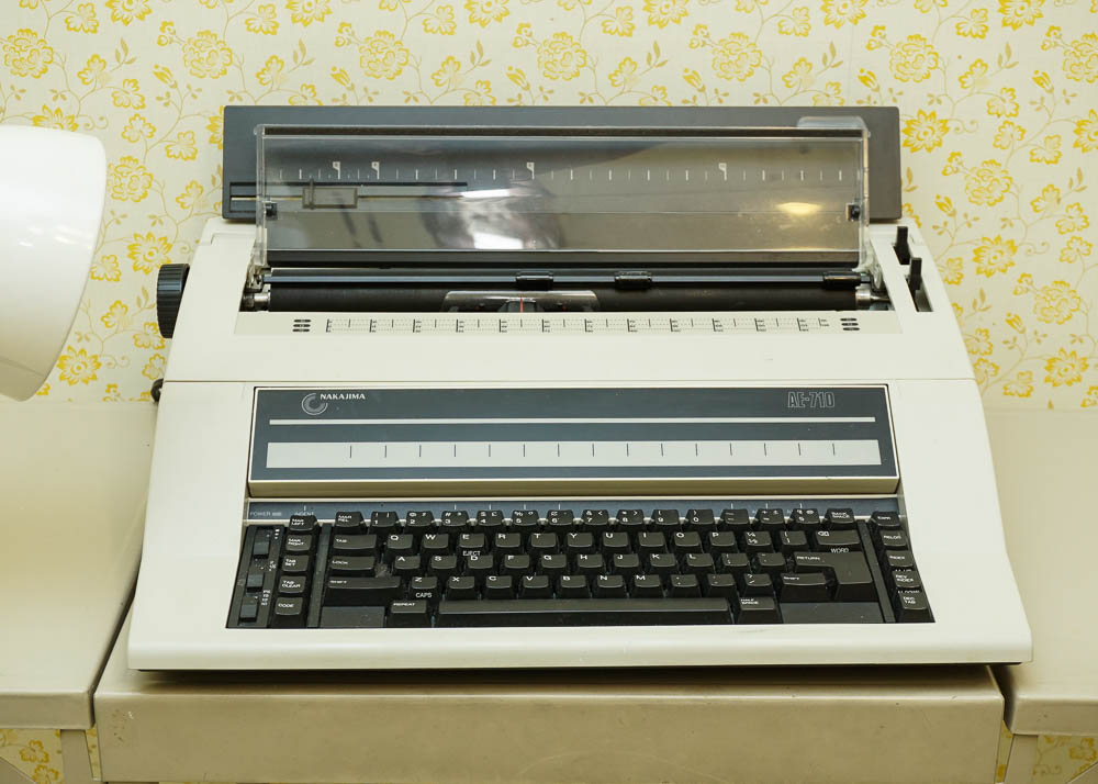 Nakajima Electronic Office Typewriter with Metal Desk and Lamp