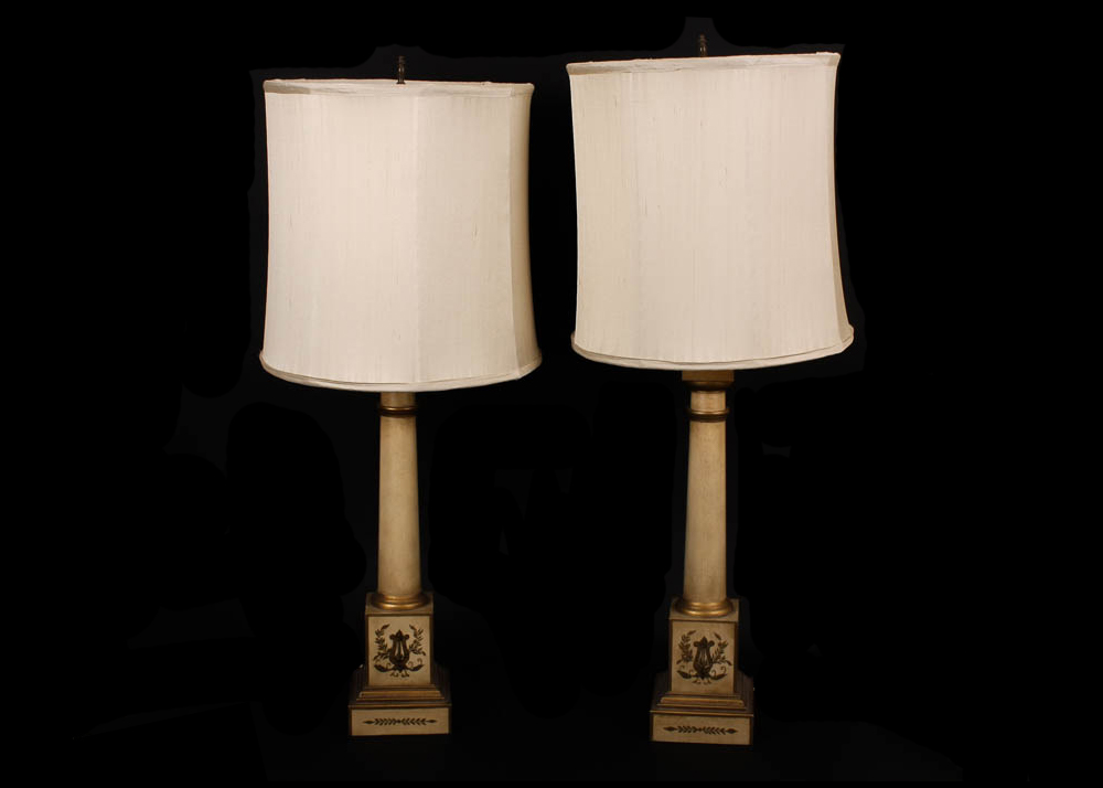 Painted Lamp Pair with Silk Shades