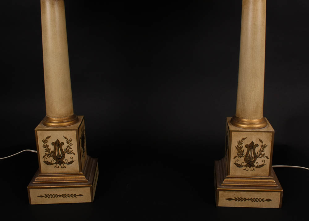 Painted Lamp Pair with Silk Shades