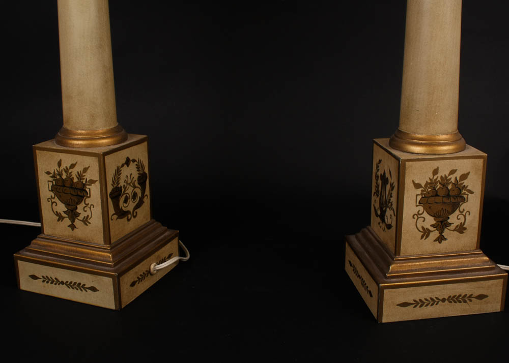 Painted Lamp Pair with Silk Shades