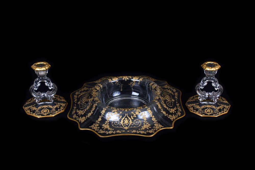 Glass Candlesticks and Bowl with Gold Trim