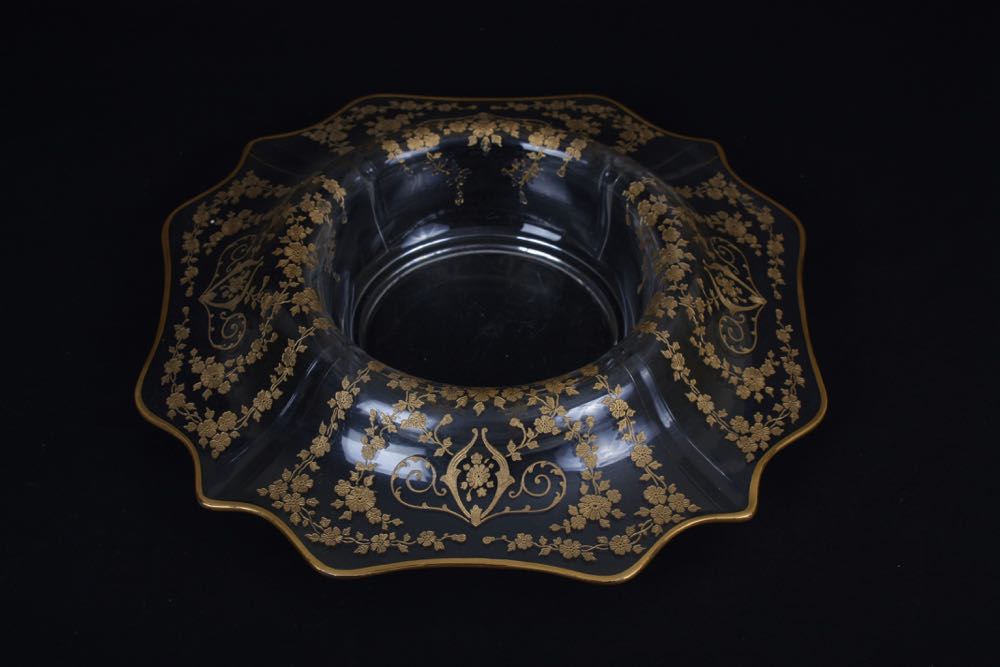 Glass Candlesticks and Bowl with Gold Trim