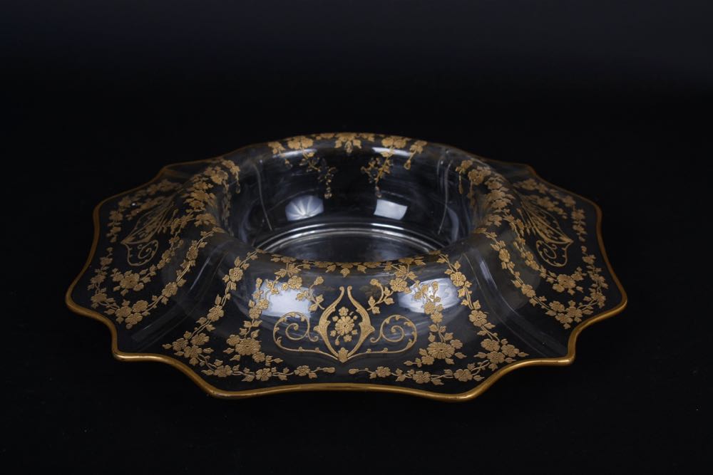 Glass Candlesticks and Bowl with Gold Trim