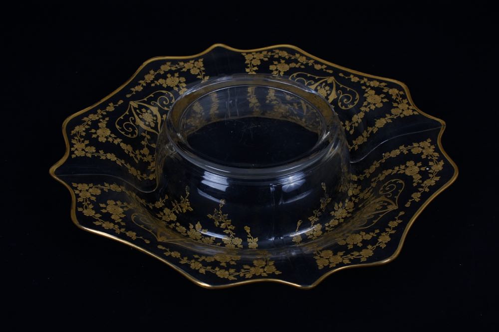 Glass Candlesticks and Bowl with Gold Trim