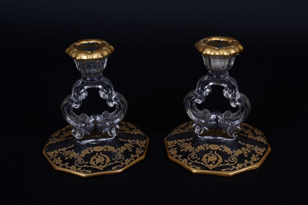 Glass Candlesticks and Bowl with Gold Trim