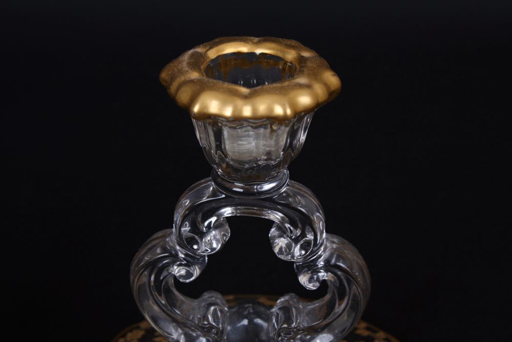 Glass Candlesticks and Bowl with Gold Trim