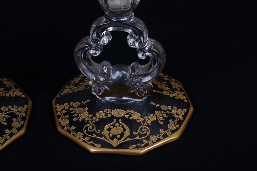 Glass Candlesticks and Bowl with Gold Trim