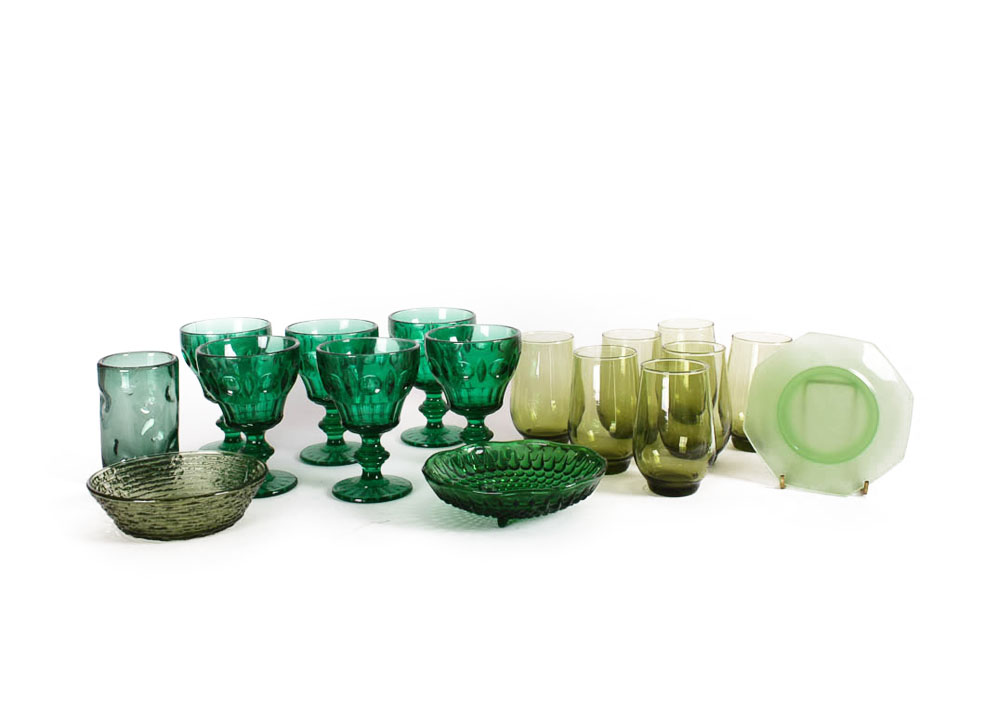 Assorted Green Glass Collection.