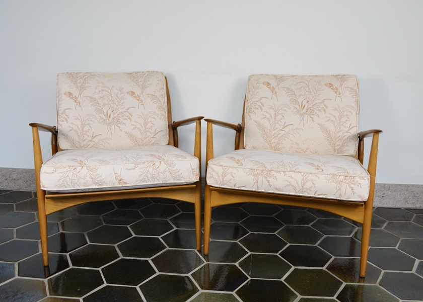 Pair of Mid Century Modern Wood Armchairs With Cushions