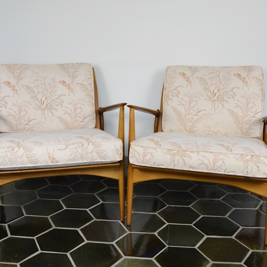 Pair of Mid Century Modern Wood Armchairs With Cushions