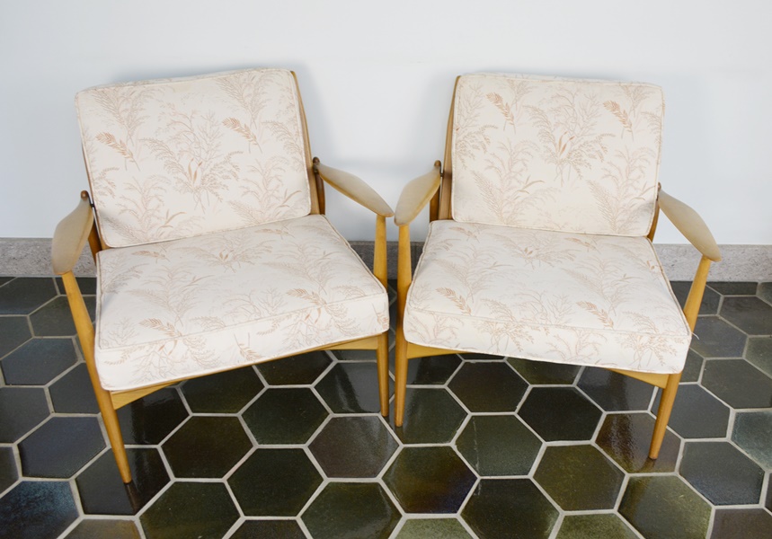 Pair of Mid Century Modern Wood Armchairs With Cushions