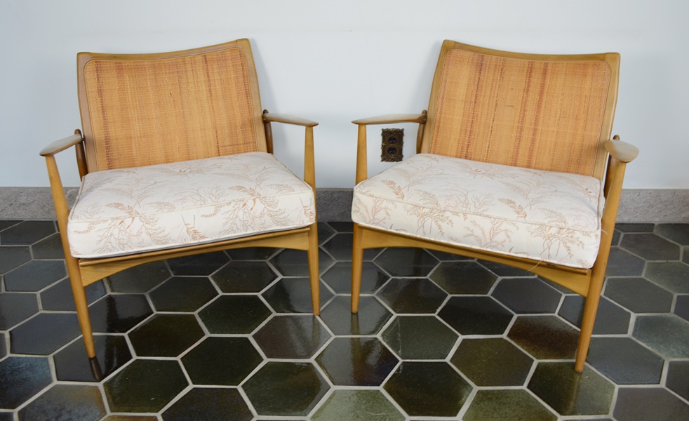 Pair of Mid Century Modern Wood Armchairs With Cushions