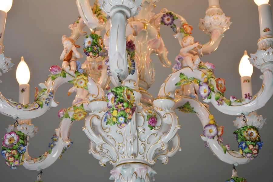 Capodimonte Style Floral and Figural Porcelain Chandelier c. 1900