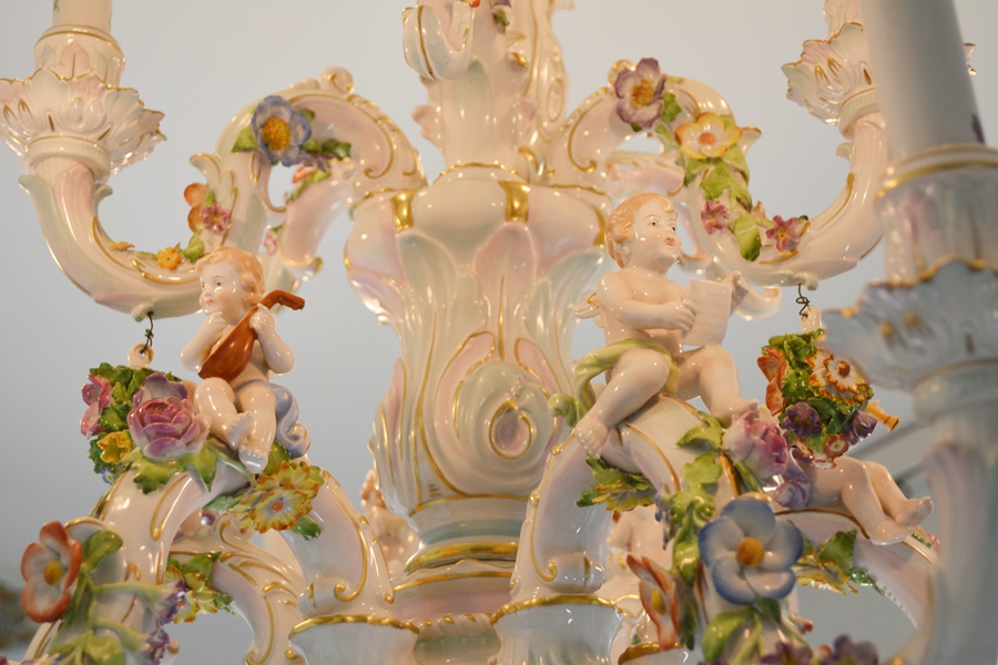 Capodimonte Style Floral and Figural Porcelain Chandelier c. 1900